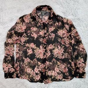 Notations‎ Womens Shirt Blouse Black Small Button Up Floral Sheer